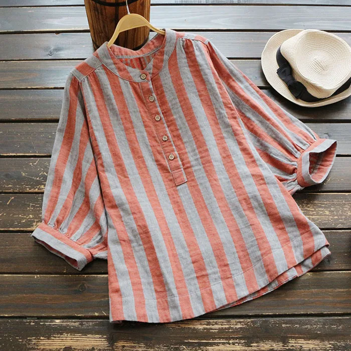 

3188 new big size autumn women blouse Japan style Cotton linen half sleeve button stripe stand collar Shirt top famale casual