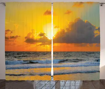 

Ocean Decor Curtains 2 Panel Set Morning at The Beach in Brazil The Sun Rays Through The Clouds Over The Sea Sunset Image