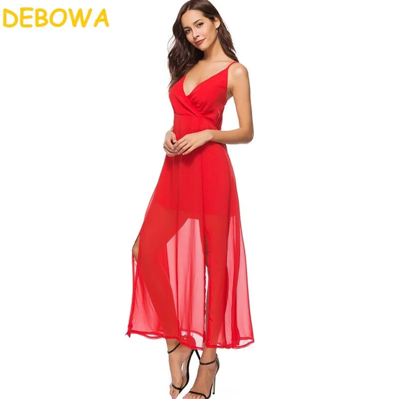 Debowa 2018 Новое летнее платье Для женщин красное шифоновое Разделение Sexy Глубокий v