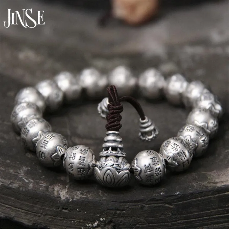 JINSE Traditional 925 Silver Buddhism Thai Silver Bracelet Men Mantras Heart Sutra 12mm Beads Charms Bracelet Wholesale 64G