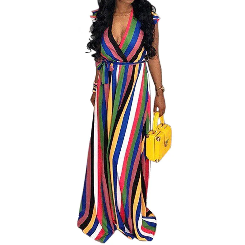 New Sexy Dress Deep V neck Ruffles Colourful Printed Striped Maxi Long ...