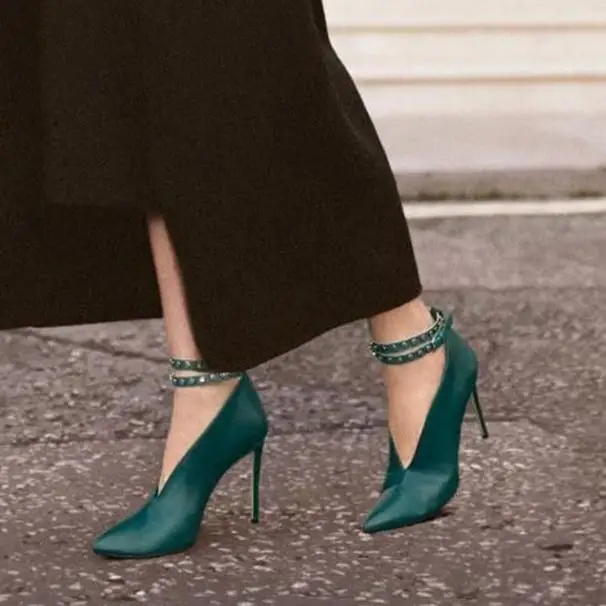 Модная женская обувь цвета красного вина с острым носком, на высоком каблуке-шпильке, с ремешком на щиколотке, черная пикантная обувь для торжеств женские туфли-лодочки - Цвет: green 9cm