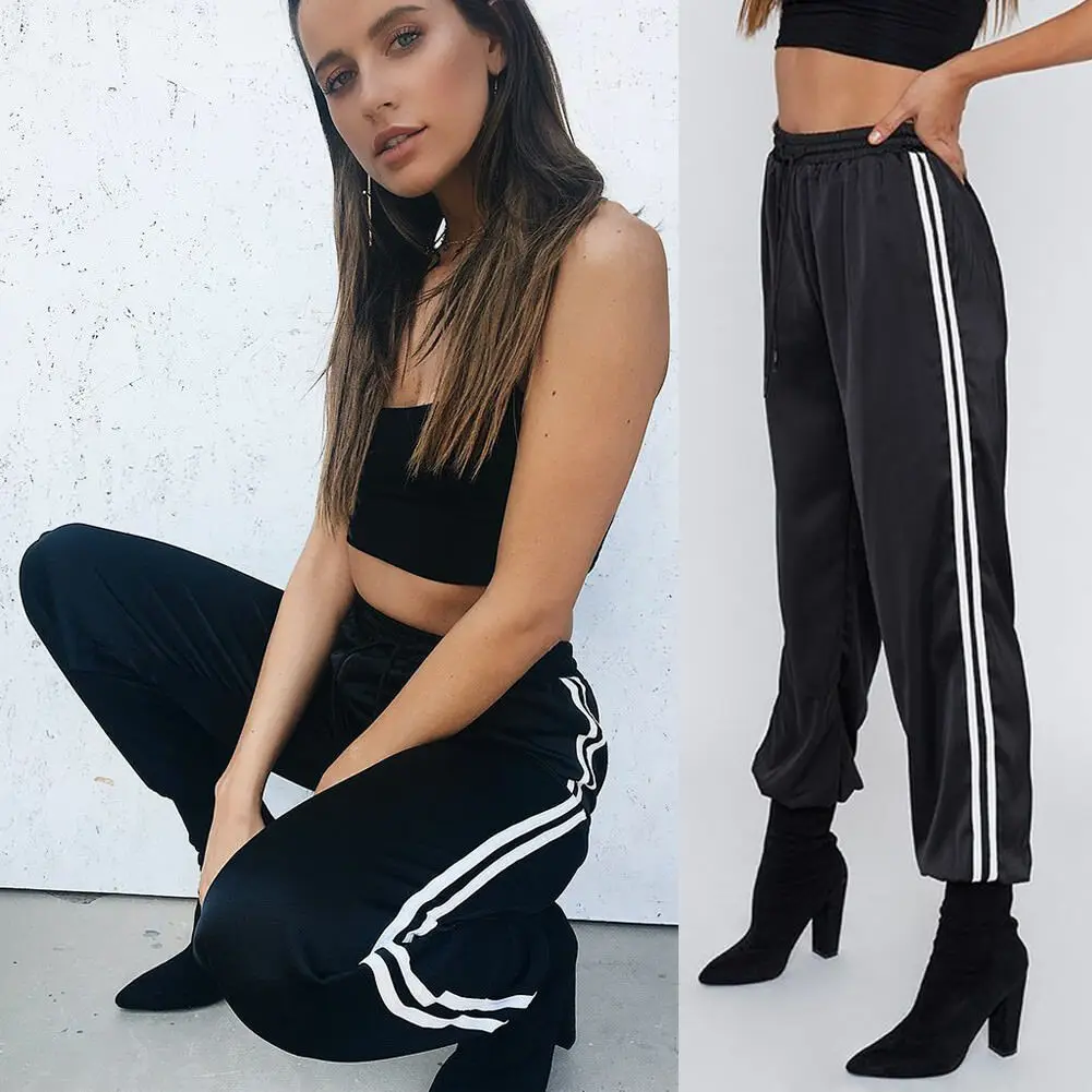 

Hot Spring Sweatpants Women Casual Harem Pants Loose Trousers For Women Black Striped Side Sweat Pants Female Plus Size M-XL