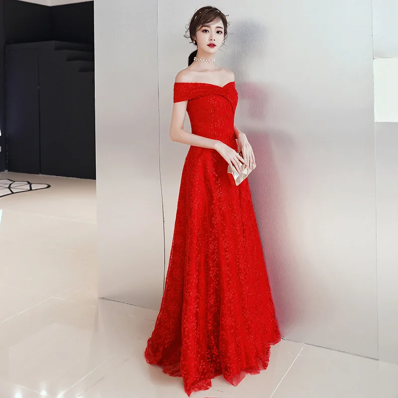 

Evening Dresses Elegant Wine Red Boat Neck Embroidery Formal Prom Dress Flower Lace Up A-line Floor-length Long Party Gowns E407