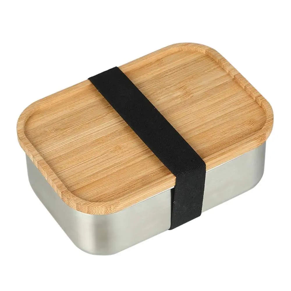 800ml Stainless Steel Lunch Box with Bamboo Lid Bento Sushi Snacks Container Convenient Holder Silver
