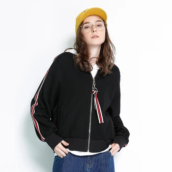 

Toyouth Spring Women's Jacket Oversized Stpried Long Sleeve Bomber Jacket Casual Zipper Black White Outwear Coats
