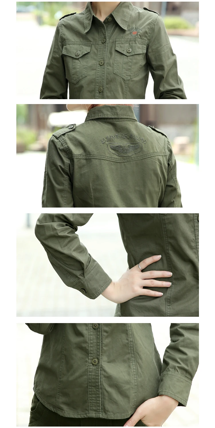 2020 Army Green Shirt Ladies Cotton Long Sleeve Badge Military Uniform Slim Blouses Plus Size 4XL 5XL Women Clothing sexy blouses for women