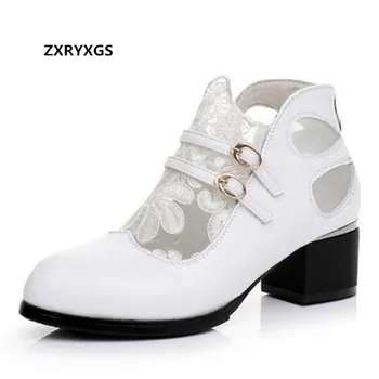 

2019 Lace Mesh Genuine Leather Shoes Woman Boots Summer Sandals Thick Heels Plus Size Summer Women Sandals Sandals Fashion Shoes