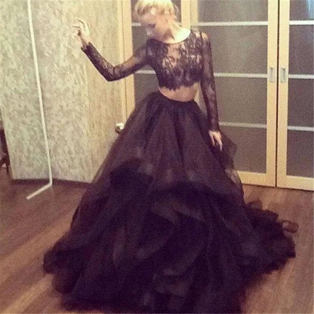 

2017 Black Lace A-Line Two Pieces Long Evening dresses Plus Size Long Sleeve Pleat Tiered Prom Gown Party Dress Vestido de noche