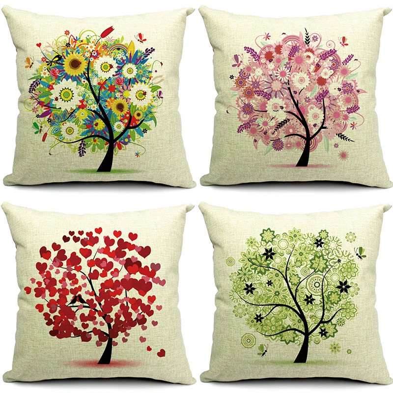 

Colorful Tree Floral Printing Linen Cotton Sofa TV Couch Potato Throw Pillow Case Couch Seat Decorative Travel Cushion Cover