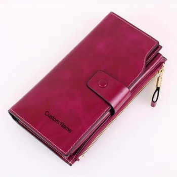 

Engraved Name Wallet for Women Brand Genuine Leather Wallet Zipper Coin Pocket Large capacity Slim Long Purses Female