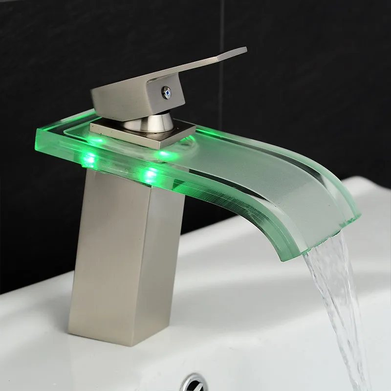 Basin Faucet Bathroom Waterfall Led Faucet Glass Waterfall Brass