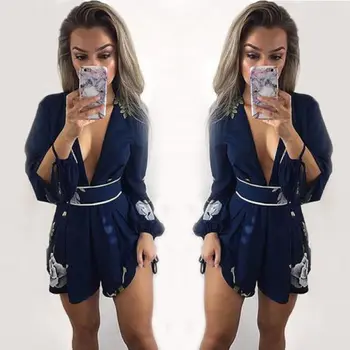 

Women Short Jumpsuit V-Neck Long Sleeve Loose Rompers Women Elegant Female Jumpsuit