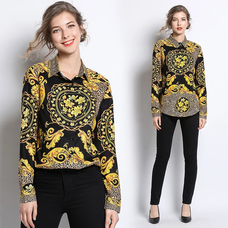 

2019 Spring Summer Fall Runway Vintage Baroque Print Collar Long Sleeve OL Turn-Down Neck Womens Party Casual Top Shirt Blouse