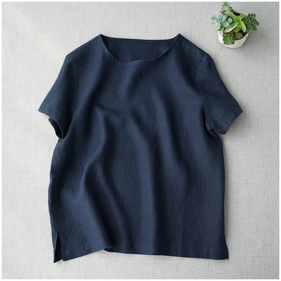 Летние Новые поступления, женские повседневные короткие универсальные удобные мягкие льняные белые рубашки/блузки в японском стиле, 4 цвета - Цвет: Тёмно-синий