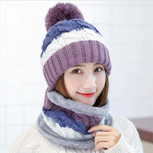 Best Winter Gift To Mother Girl Blue White Red Ladies Woolen Scarfs And Caps Sets Fashion Warm Wool Knitted Women Scarves Hats - Цвет: Purple Set 2