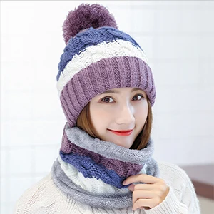 Purple Set 2 Модный подарок, теплая шерстяная зимняя женская шапка, s и шарфы, элегантный шарф, шапка, набор для женщин, 2 вида, шапка, шарф, наборы, длинные женские шарфы - Цвет: Purple Set 2