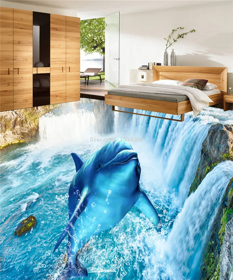 3D обои современные водопады Дельфин плитка для пола фрески наклейки для гостиной спальни ПВХ водонепроницаемые самоклеющиеся обои 3 D