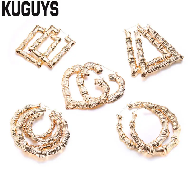 

KUGUYS HipHop Gold Bamboo Hoop Earring for Womens Round Super Large Earrings Pendientes Fashion Brincos Trendy Jewelry Oorbelle