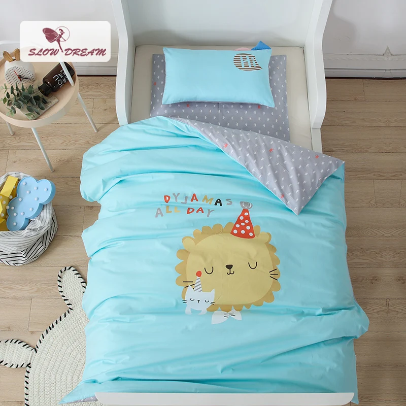 

SlowDream Cute Lion Cartoon Blue Bedding Set Kids Embroidery Duvet Cover Set 100% Cotton Home Textiles 3pcs