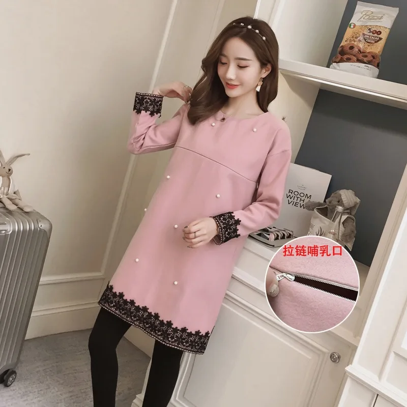 

Afei Tony 2018 Spring Autumn Fashion Pink Maternity Nursing Dress Clothes for Pregnant Women Pregnancy Breast Feeding Clothing