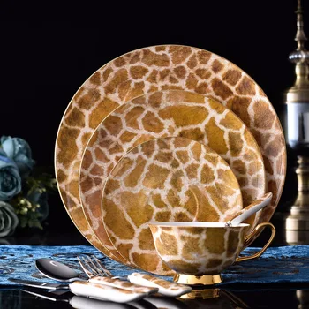 

Luxury deer lines ceramic dinnerware pocelain steak plates coffee mug dish knife fork fine bone china tableware set 2pcs/8 pcs