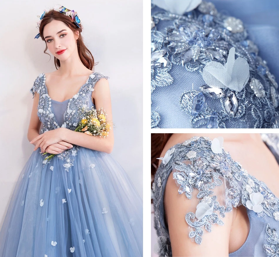 Blue Evening Dresses Elegant V Neck Lace Applique Beads Crystal A line Sleeveless Long Prom Gown Graduation Walk Beside You