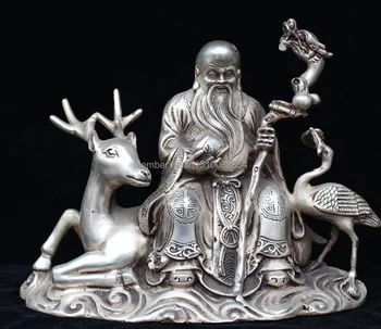 

9" Marked Chinese Silver Longevity Star Shouxing On Deer Dragon Turtle Statue