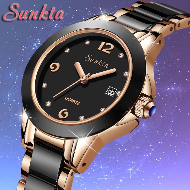 

SUNKTA New Luxury Women Watches Rose gold Ceramic Diamond Ladies Female Watch Gift Quartz Wristwatch Clock Femininos Fashion+Box