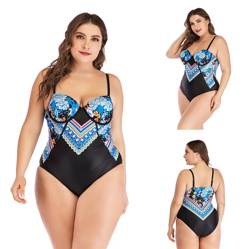 One Piece Swimsuit Plus Size Swimwear Women Push Up Bathing Suit WITH Wire Monokini Bodysuit Beach Wear High Cut Swim Suit - Цвет: Синий