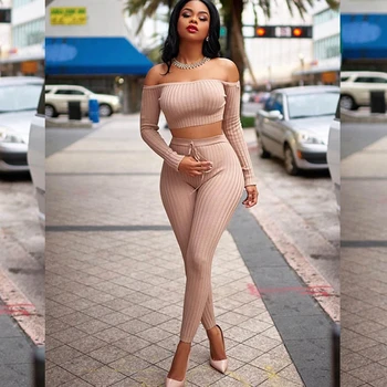 

2019 Two 2 Pieces Beige Long Sleeve Bandage Jumpsuit Sexy Solid Lace up Off The Shoulder Elegant Celebrity Causal Jumpsuits