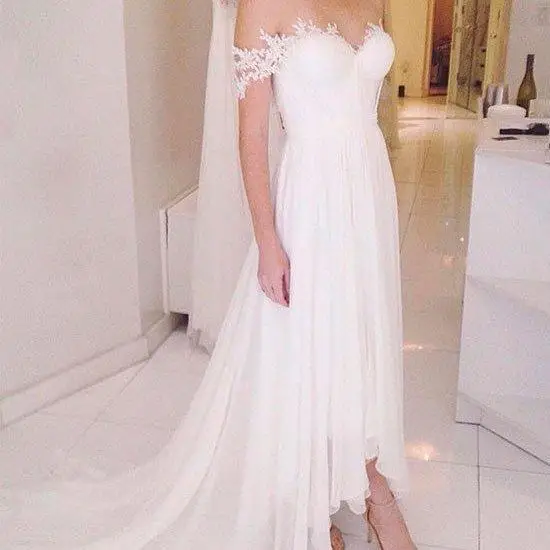 

Beach Lace Wedding Dresses Plus size 2019 Chiffon Off the Shoulder Asymmetrical Bridal Dresses Pleats Ankle Length Custom Made