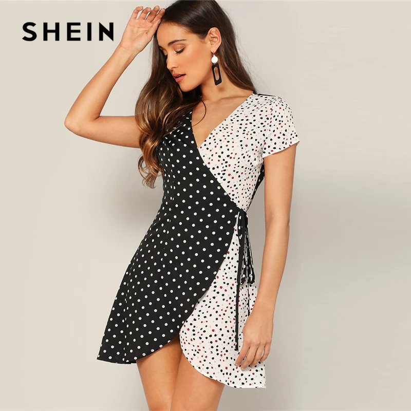 

SHEIN Black and White Cut-and-sew Wrap Knot Polka Dot Mini Summer Dress Women V-Neck Short Sleeve Color-block Bohemian Dresses