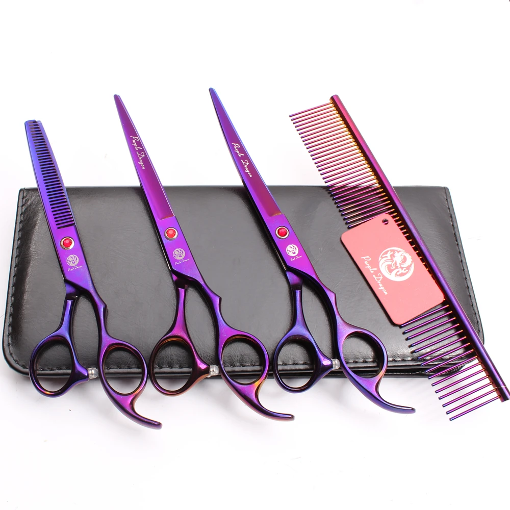 

Z3003 4Pcs Set 7'' Violet Steel Comb + Cutting Shears + Thinning Scissors +UP Curved Shears Professional Pets Hair Scissors Suit