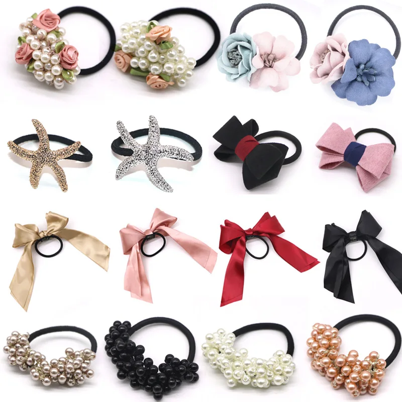 

Women Ribbon Bow Elastic Hair Band Pearls Beads Scrunchie Ponytail Holder Ring Rope Headbands Hair Accessories Fashion Headwear