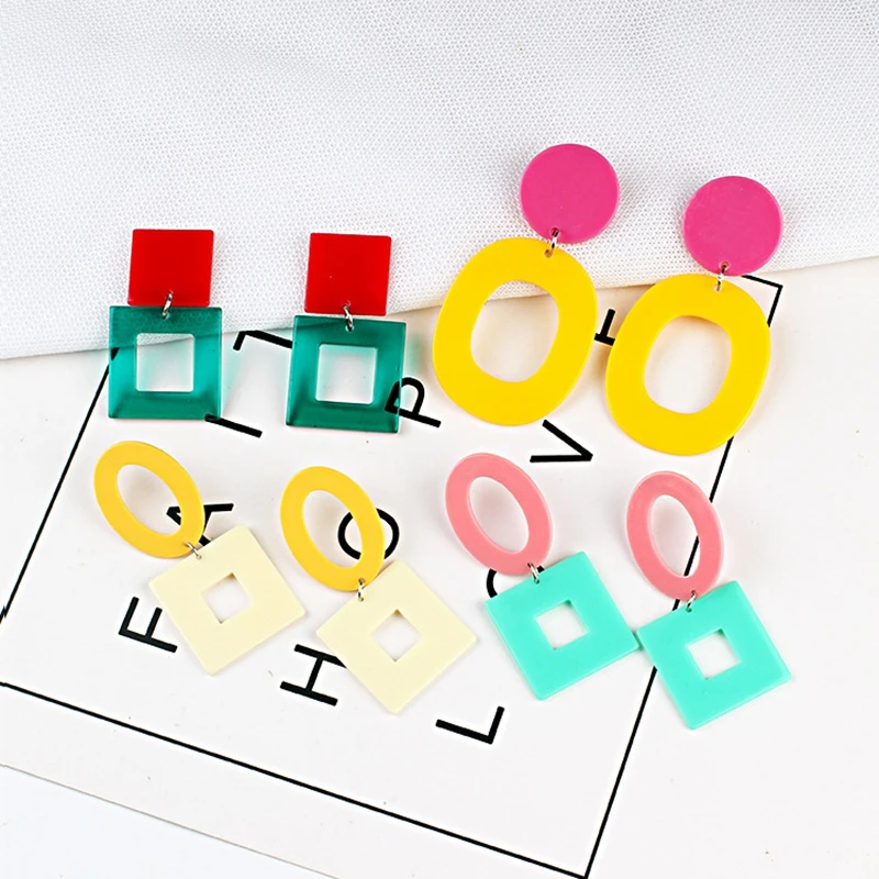 Hollow Geometric Round Square Long Dangle Earrings Pink Yellow White Green Acrylic Big Drop Earrings For Women Jewelry Gift