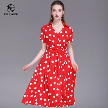 

KirbyGee Summer Red Polka Dot Dress Women Elastic Waist Bow Dress Elegant Short Sleeve Holiday Midi Dress Casual Button Long