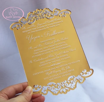 

Free Shipping! HI4067 Customized Gold Mirorr Acrylic Wedding Invitation Card with White Printing