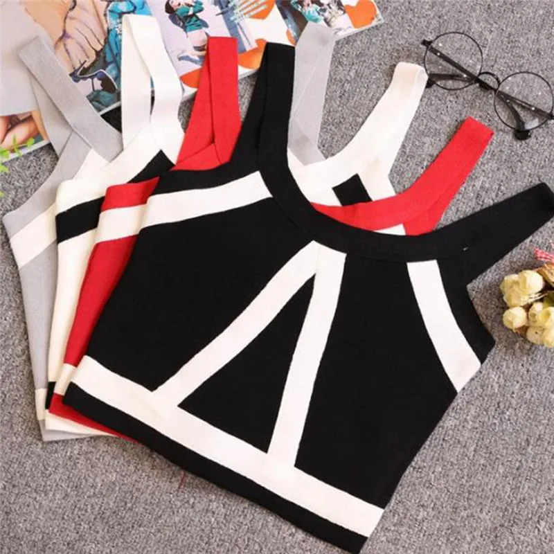 

Crop Tops Summer Women Knitted Cami Tops Female Sleeveless Camisole Color Block Cami Tops