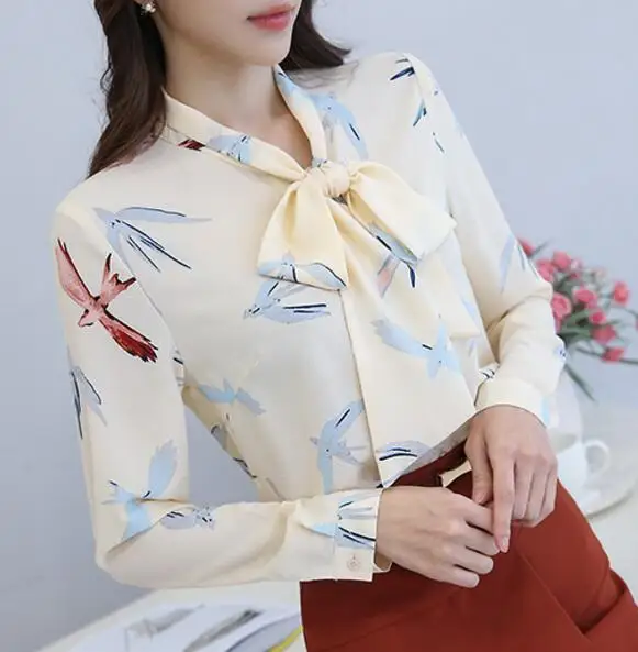 

Free Shipping 2017 Spring New Arrival Korean Hot Sale Swallow Printed Bowknot Tie Long Sleeve Woman Chiffon Blouse