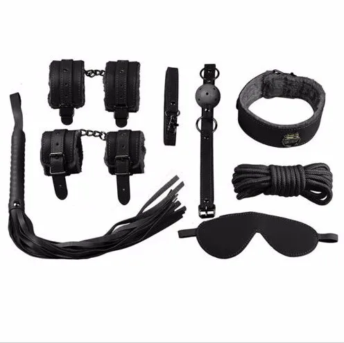 KU S+ Fetish Sex Toys BDSM Bondage Restraints Set Kit Ball Gag Cuff Whip Collar 7 pcs 2