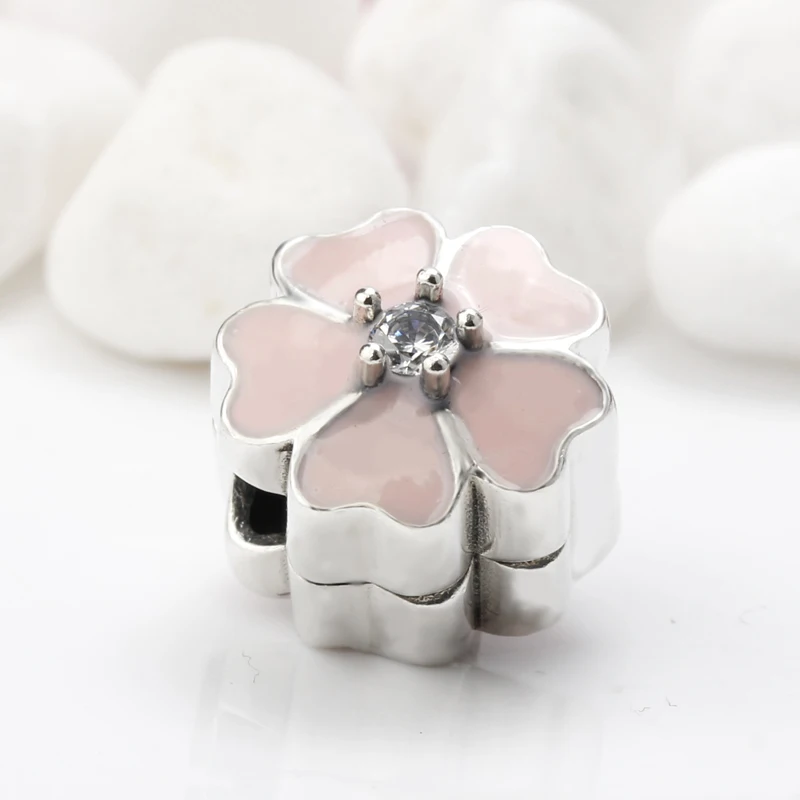 

Fit Original Pandora DIY Charm Bracelet 925 Sterling Silver Flower Clip Lock Charms With Pink Enamel CZ Bead Silver 925 Jewelry