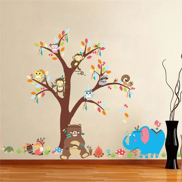jungle wild forest animals monkey bear elephant tree wall stickers