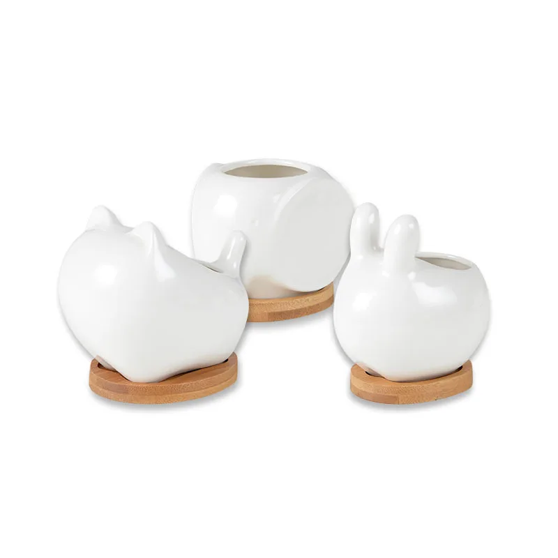 

Ceramic White Cat Flower Pot Bamboo Tray Succulent Planter Desktop Pots Animal Elephant Rabbit Shaped Flowerpot Garden Supplies