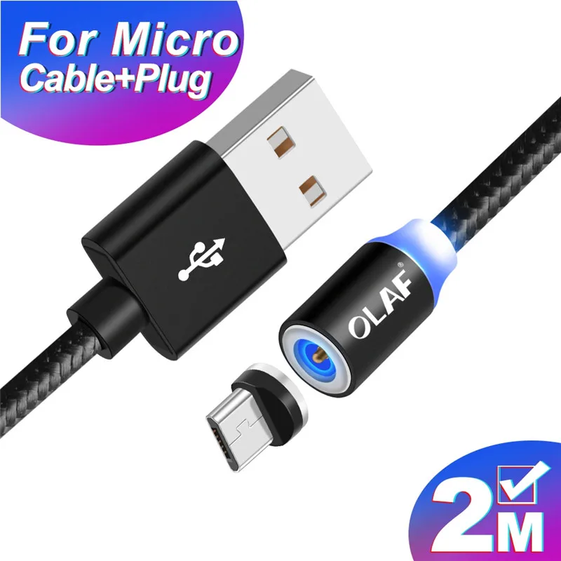 Магнитный Micro USB кабель OLAF 2A Зарядка 1 м 2 м светодиодный магнитный кабель для зарядки и передачи данных для Xiaomi 4X huawei P8 Lite samsung A5 J5 J7 - Цвет: 2M Black Micro Cable