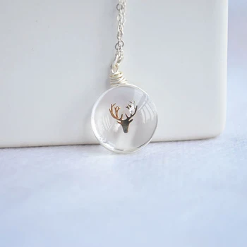 

Deer Head Elk Glass Animal Pendant Sterling Silver Color Chain Necklace Women Choker Boho Fashion Jewelry Bohemian Vintage
