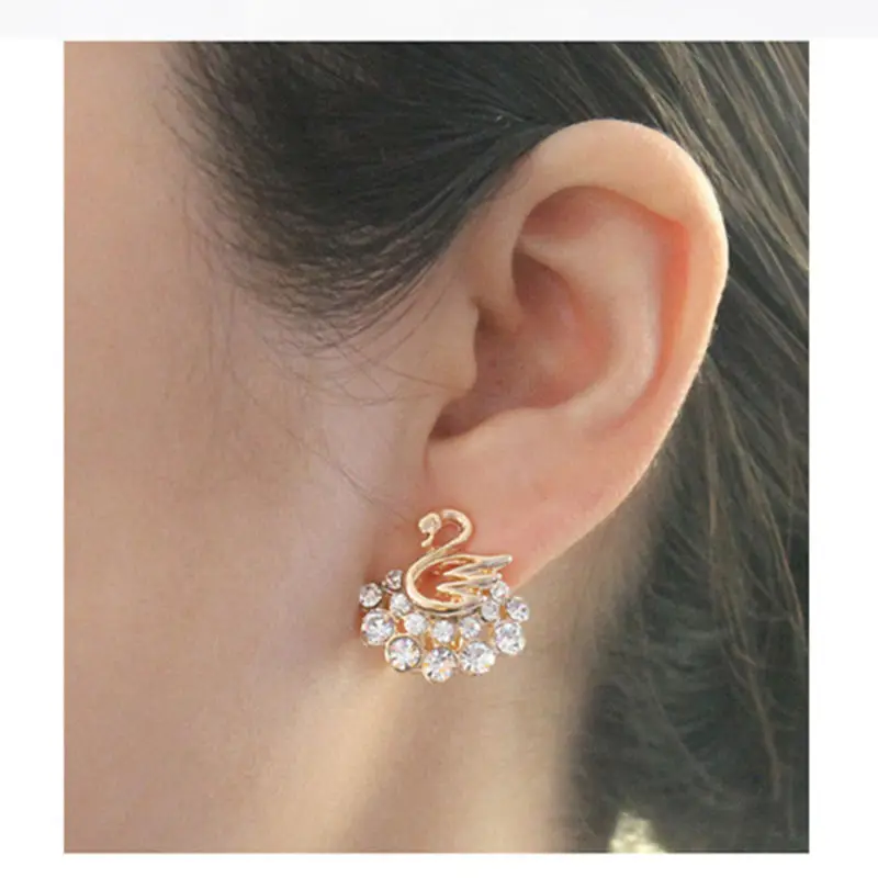 Korean Fashion Gold Plated White Rhinestone Swan Earrings Women Korean Fashion Gold Plated White Rhinestone Swan Earrings Women Stud Whole In From Jewelry Accessories On