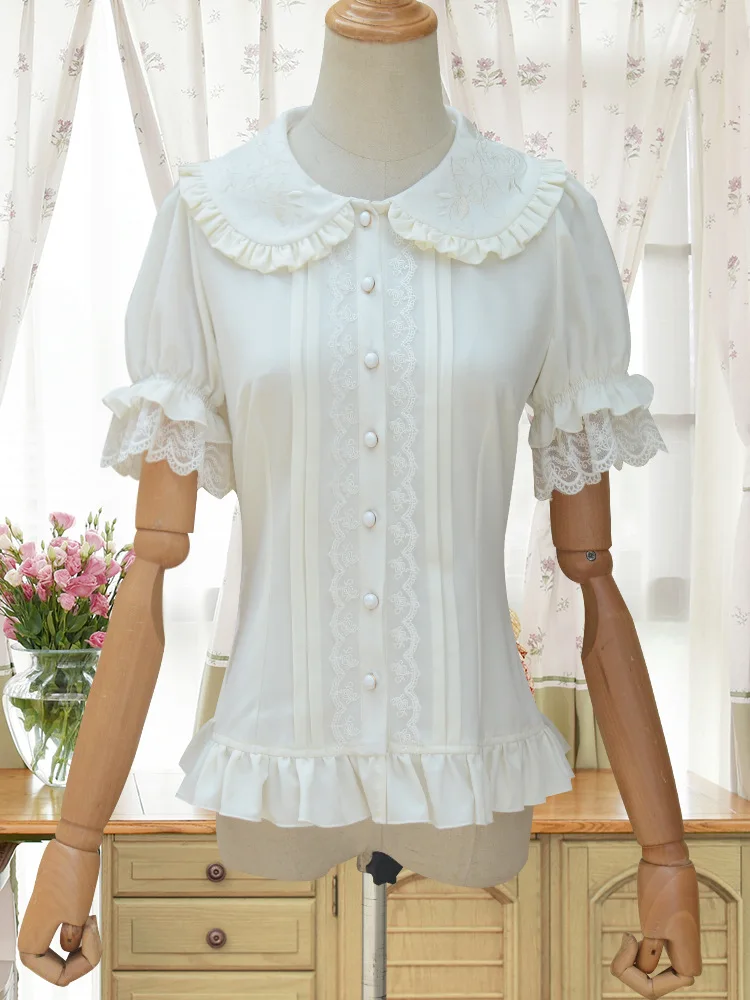 

New Spring and Summer 2019 Lolita Mercerized Cotton Lace Lace Girl Sleeve short Sleeve Retro-Style Trumpet Sleeve Shirt LZJ-C026