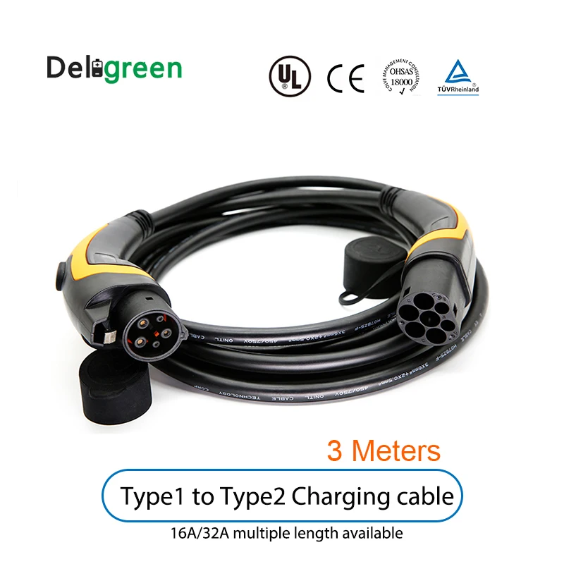 16A 32A Type 1 to Type 2 EV Cable J1772 to