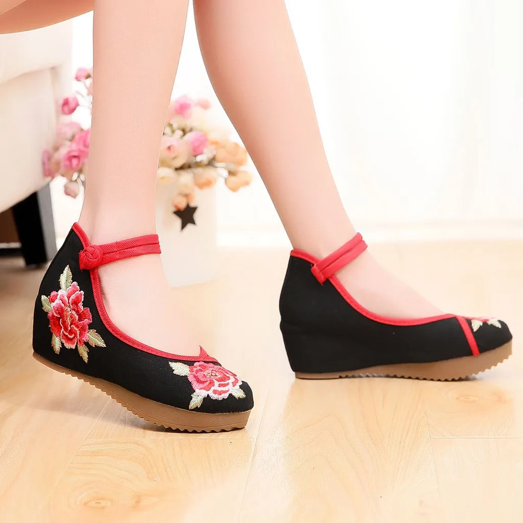 Женские Летние низкие парусиновые туфли на танкетке с вышивкой в этническом стиле с круглым носком и пряжкой на ремешке 6 Apr
